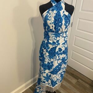 Elegant Blue and White Floral Halter Dress